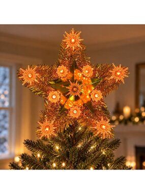 Christmas On Mainstreet 19 Light Gold Tinsel Star Tree Top Pre-Tested Vintage